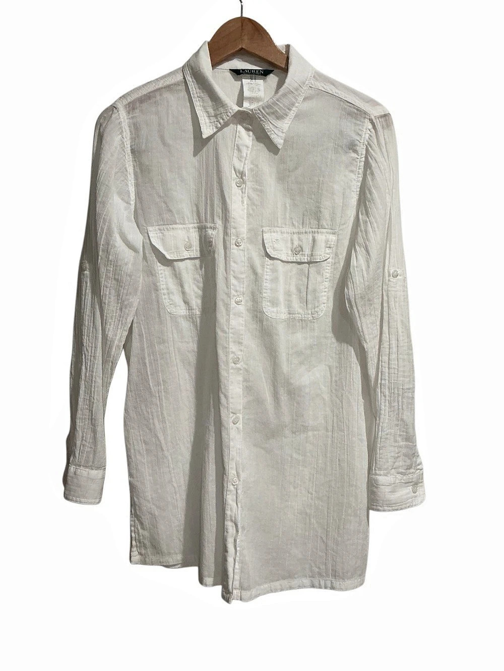 Lauren Ralph Lauren Women’s Crushed Cotton Camp Shirt Swim Cover Up size M White